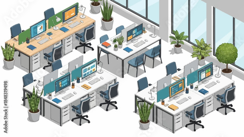 Isometric view of a modern open-plan office with multiple workstations, computers, chairs, and potted plants in a contemporary setting.