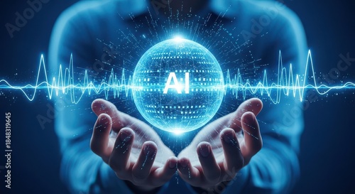 Person is holding a blue sphere with the letters AI on it. isolated illustration transparent for mock up