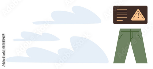 Cloud shapes, green pants, caution triangle on board with text lines. Ideal for safety, caution, apparel, awareness, warnings simplicity and decision-making. A simple flat metaphor