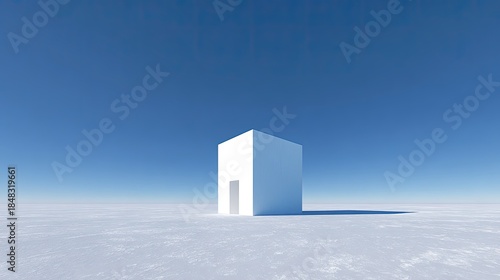 Isolated White Cube Building In Snowy Landscape