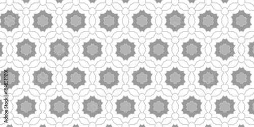 A geometric pattern with interlocking star shapes and circular lines in soft shades of grey and white, ideal for backgrounds, textiles and modern decorative designs.