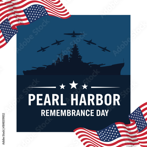 Pearl harbor remembrance day american flag warship silhouette patriotic memorial vector