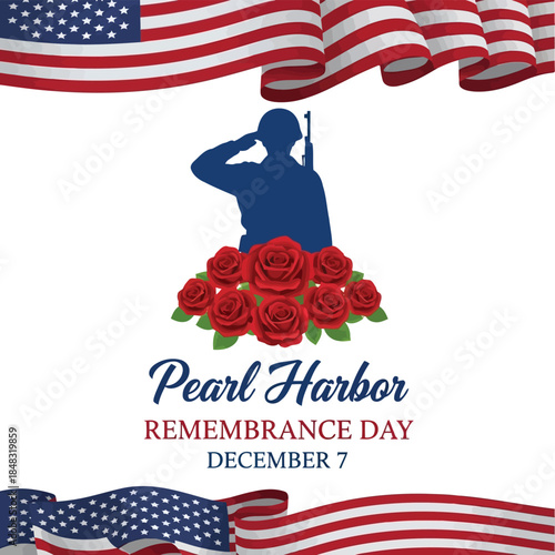 Pearl harbor remembrance day december 7th salute soldier american flag memorial tribute vector