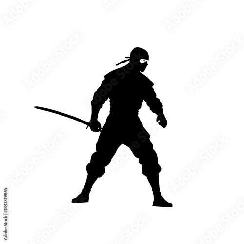 Japanese Ninja Holding Katana Silhouette Action Pose Vector Illustration.