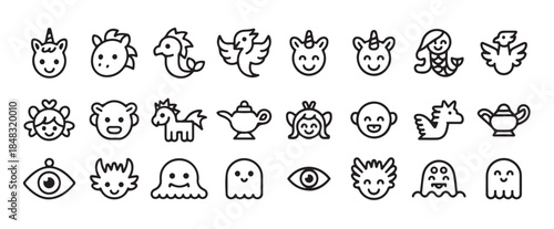 Adorable set of doodle style fantasy creature and mythical animal face icons for kids