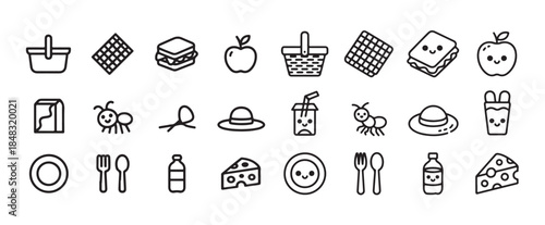 Charming picnic basket and food items line art icons for outdoor eating and recreation