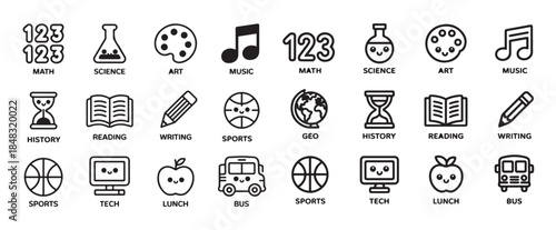 Adorable primary school subject icons including math science art music history reading writing