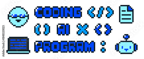 8-bit pixel art blue coding icon and text vector set