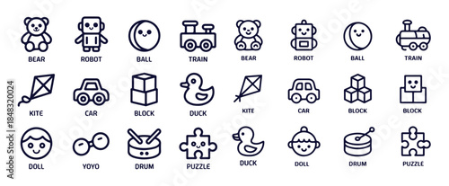Sweet outline icons of various toys like bear robot ball train kite car block duck puzzle yo yo