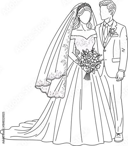 Minimalist line art illustration of a bride and groom celebrating their wedding day Vector