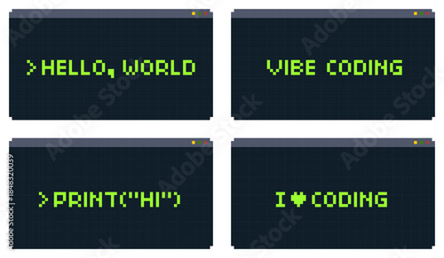 8-bit pixel art neon green text on black browser screen vector set