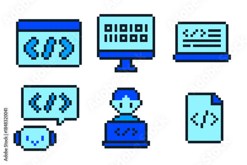 8-bit pixel art blue coding icon vector set