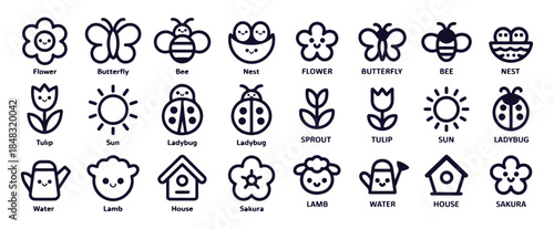Cute spring nature and garden themed doodle icons set for easter or warm weather season