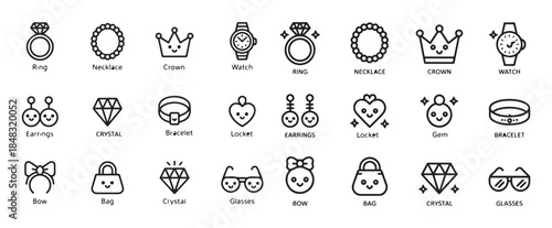 Set of charming jewelry and accessory icons for fashion style or feminine elegant collection