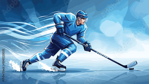 Dynamic illustration of an ice hockey player in action, quickly skating across the rink Vector