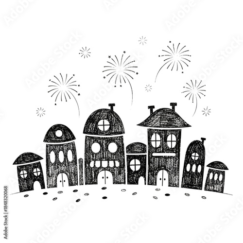 Whimsical nighttime cityscape with playful buildings and colorful fireworks display above