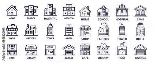 Simple and sweet line icons representing different types of buildings and urban structures