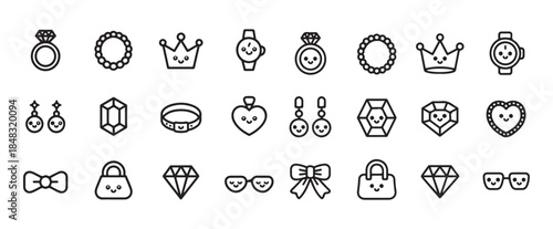 Charming kawaii line icons depicting various luxury jewelry accessories and precious gemstones