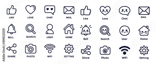 Social media communication and interface elements outline icons set for digital networking apps