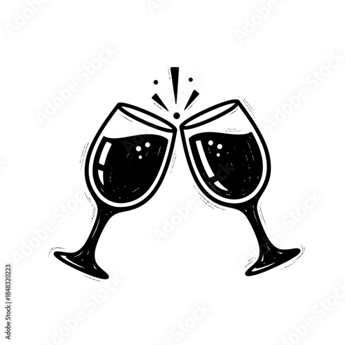 Elegant illustration of two champagne glasses clinking in celebration with bubbles and sparks