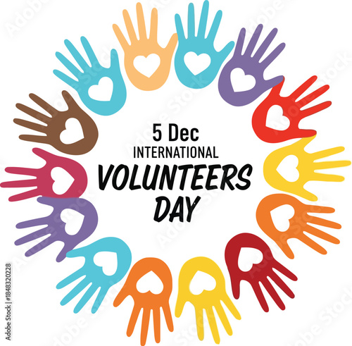 Diverse hands form circle celebrating international volunteers day support unity and global community service vector