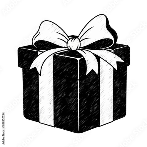 Elegant Hand-Drawn Black and White Gift Box Illustration with Ribbon Bow