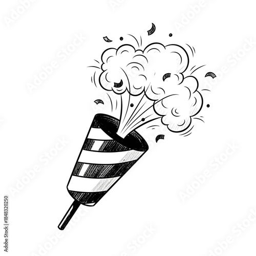Illustration of a celebration party popper with confetti and smoke bursting out for festivities or