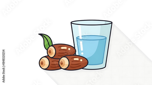 A healthy breakfast spread featuring a fresh glass of milk, a cup of juice with sweet fruits and bread, and chocolate cookies isolated on a white background for a refreshing morning snack
