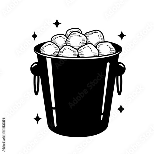 Illustration of a metal bucket filled with round objects, surrounded by sparkling stars and simple