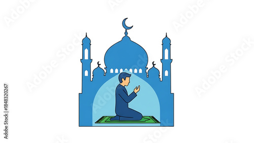 Illustration of mosque architecture featuring domes and minarets with the silhouette of a praying person as a symbol of Asian religious culture.