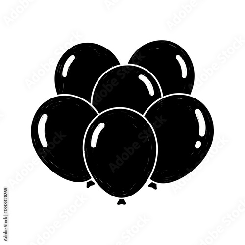 Minimalistic black and white illustration of seven balloons grouped together for celebration or