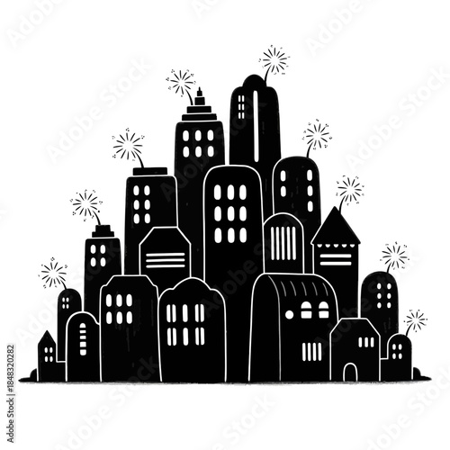 Silhouette of a Night Cityscape with Fireworks Display in a Minimalistic Style