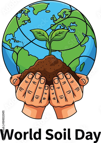 Hands gently holding fertile soil with seedling above vibrant earth illustration for world soil day concept vector
