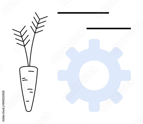 Carrot with leaves alongside a gear and abstract lines representing agriculture, technology, and efficiency convergence. Ideal for sustainability, organic farming, eco-living, agritech, productivity