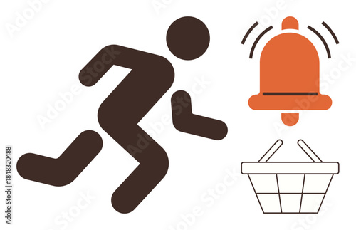 Person hurrying toward ringing bell and empty shopping basket, symbolizing urgency, quick decision-making, alertness, action, efficiency, time-sensitive tasks, and shopping readiness. Simple flat