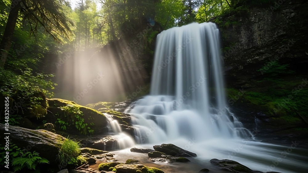 Obraz premium A breathtaking waterfall cascades into a serene pool, illuminated by ethereal sunbeams piercing through a lush forest canopy. The long-exposure effect creates a silky, ethereal flow of water.