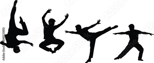 This is a different image, featuring a smaller set of male silhouettes performing athletic moves. I will create a title and keywords specifically optimized for these action poses for Adobe Stock