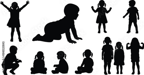Toddler and baby silhouette vector set, children in various action poses like crawling, sitting, and standing, isolated young kids and infancy graphics, development icons.