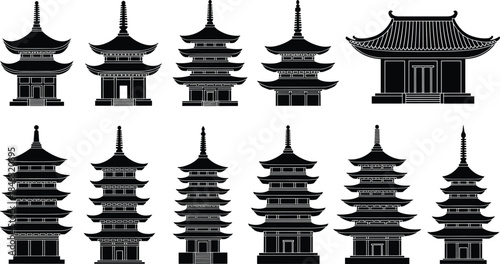Traditional Japanese Pagoda and Temple Black Silhouettes Vector Set Isolated on White Background for Asian Architecture, Cultural Heritage, and Travel Design.