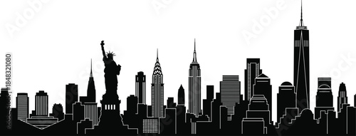 New York City Silhouette Vector Illustration, Panoramic View with Statue of Liberty, One World Trade Center, and Iconic Manhattan Skyscrapers, Black and White Graphic.
