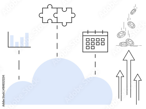 Business analytics, cloud technology, data solutions, financial growth, collaboration tools, productivity. Blue cloud with icons for puzzle pieces, calendar coins arrows and chart. Business