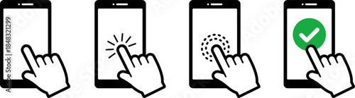 スマートフォンと手のアイコン。タップ。クリック。（Hand touch screen smartphone icon. Click on the smartphone.）
