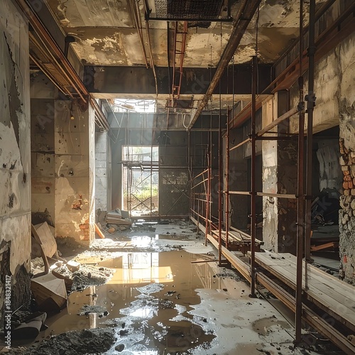 Sunlight Streaming into a Dilapidated Abandoned Building Interior