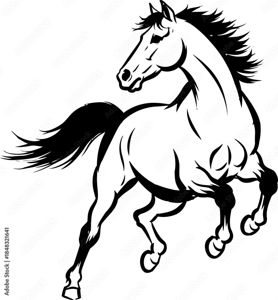 Obraz premium Dynamic illustration of a galloping horse in a dynamic pose, showcasing its strength and agility from a side viewpoint.