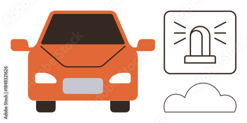 Orange car front view, accompanied by an emergency siren icon and a cloud shape. Ideal for mobility, transportation, safety, technology, innovation, cloud services and connectivity concepts. A