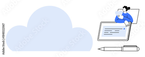 Cloud computing theme. A person interacts with a tablet for online data storage and sharing. Cloud computing fosters digital connection, data access, and remote collaboration. For technology