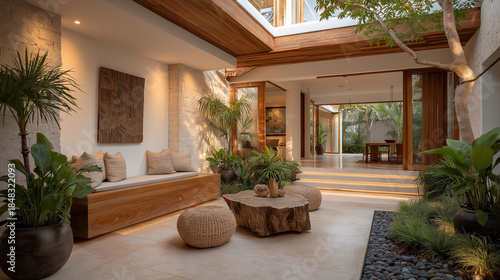 Serene Courtyard Sanctuary: An inviting outdoor living area seamlessly merges with the tranquil interior, revealing a peaceful retreat amidst natural beauty, ideal for relaxation and contemplation.