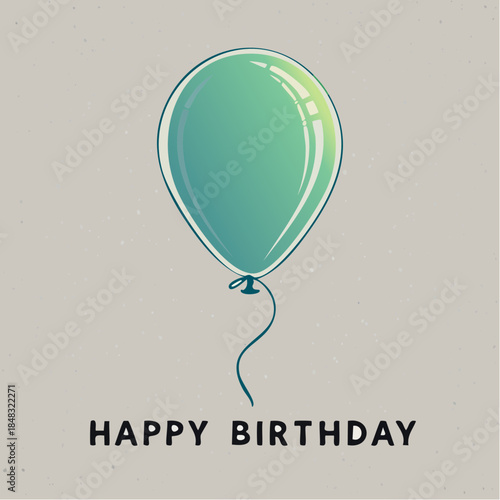 Happy Birthday greeting with a single blue-green balloon illustration on a textured light gray background with text below