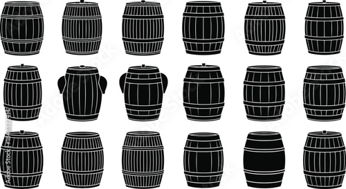 Black Barrel Silhouette Vector Illustration, Wooden Cask Icon Set, Vintage Wine Oak Barrels, Isolated Storage Containers, Beer and Whiskey Brewing Industry Symbols Collection (22 words)