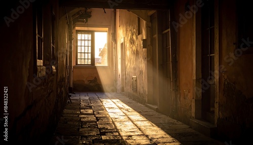 Sunlight Streams Through an Old Window into a Narrow, Dark Stone Alleyway